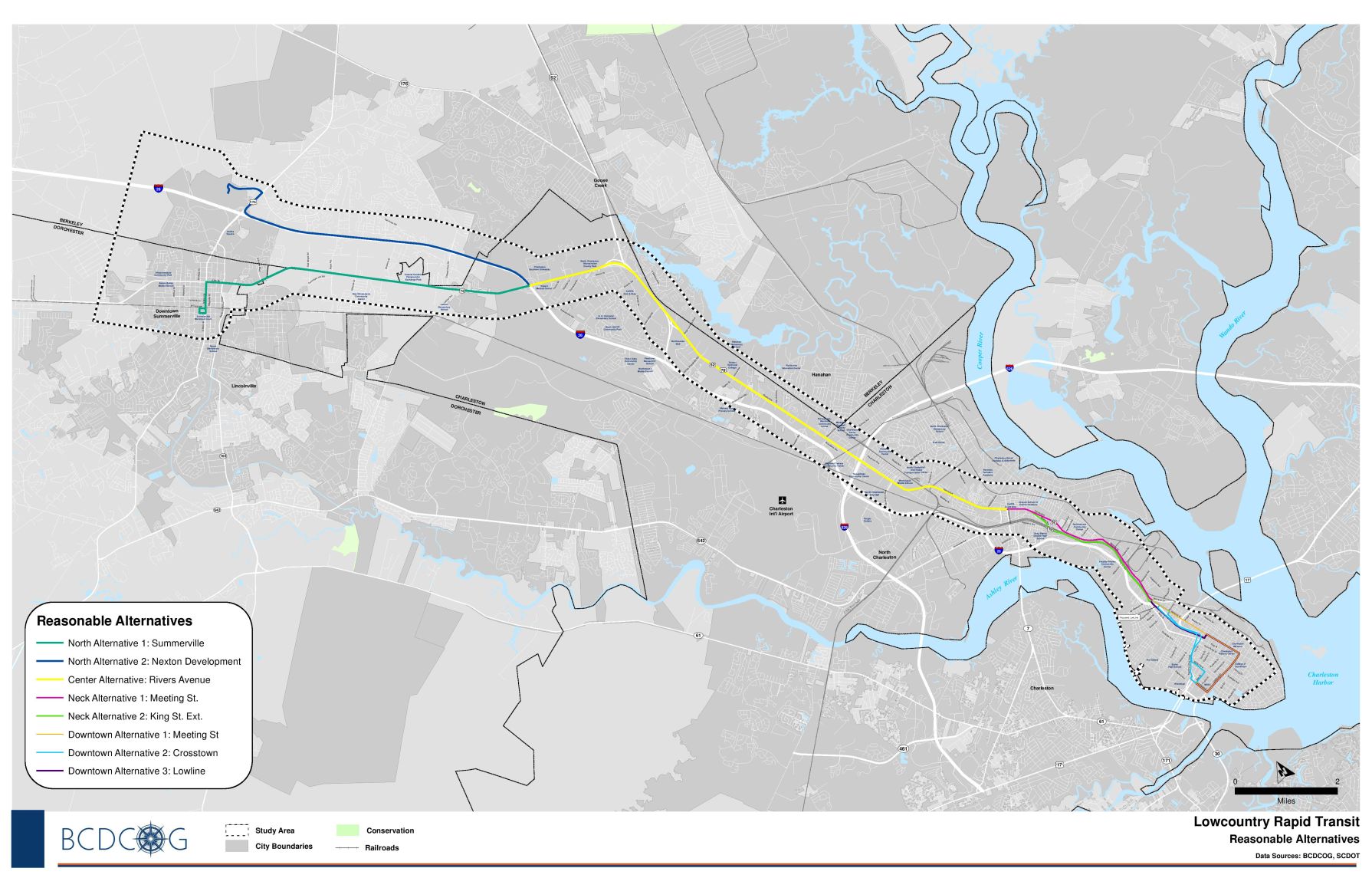 Proposed alternative routes for the Lowcountry Rapid Transit System
